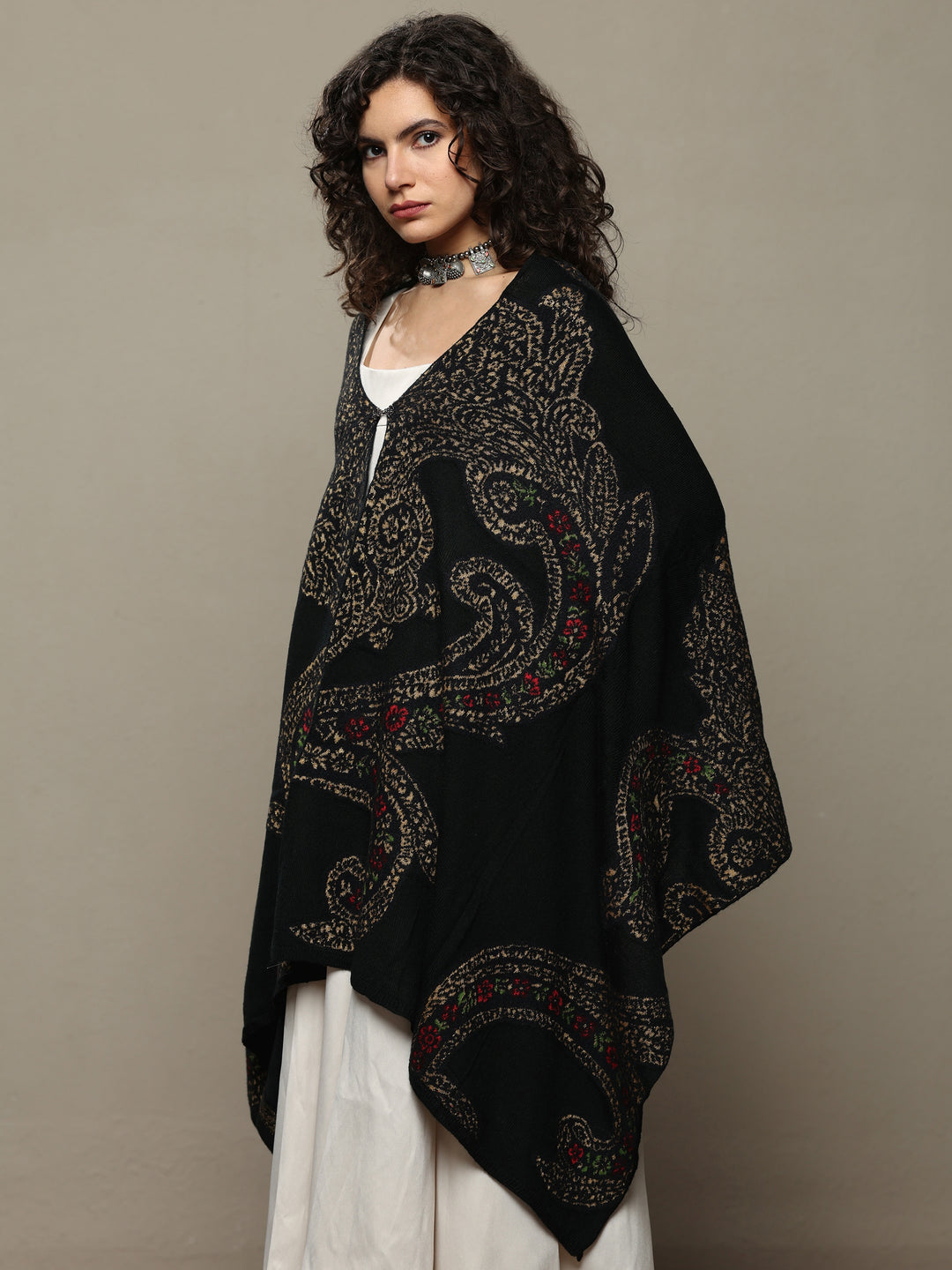  Black Woven Design Wool Women's Shawl 
