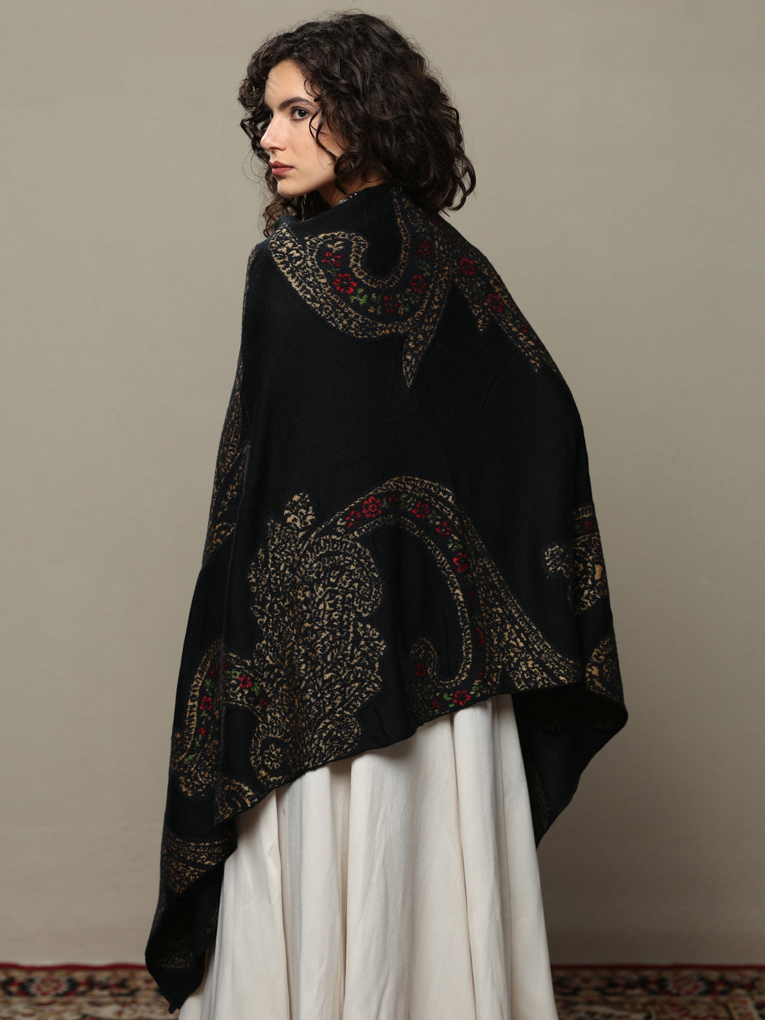  Black Woven Design Wool Women's Shawl 