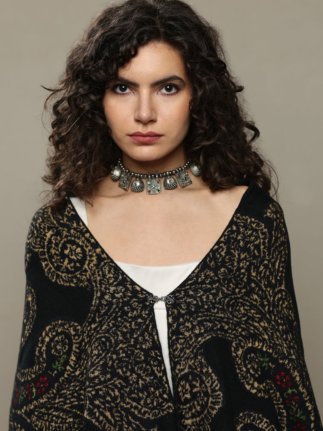  Black Woven Design Wool Women's Shawl 