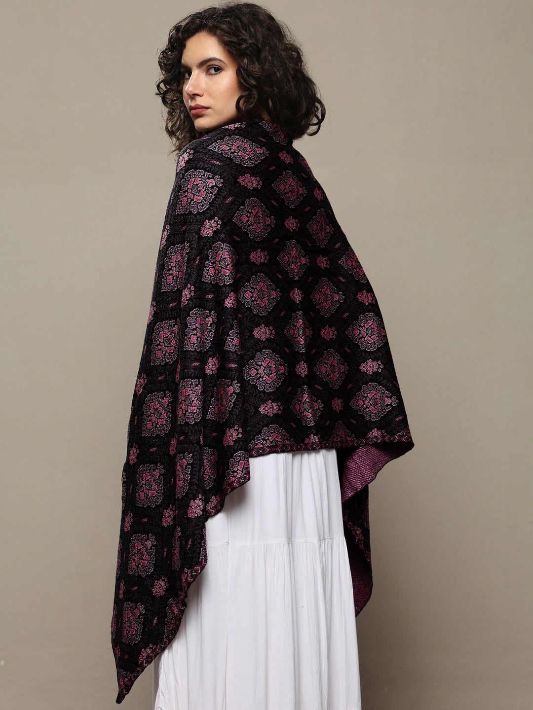  Black Woven Design Wool Wrap Shawl 