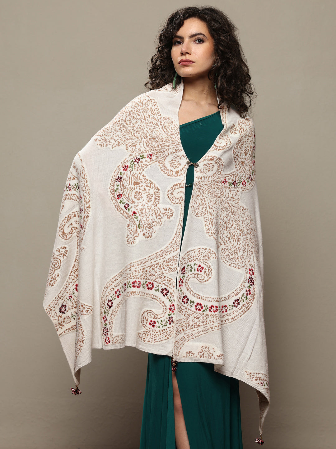  White Woven Design Wool Women's Shawl 