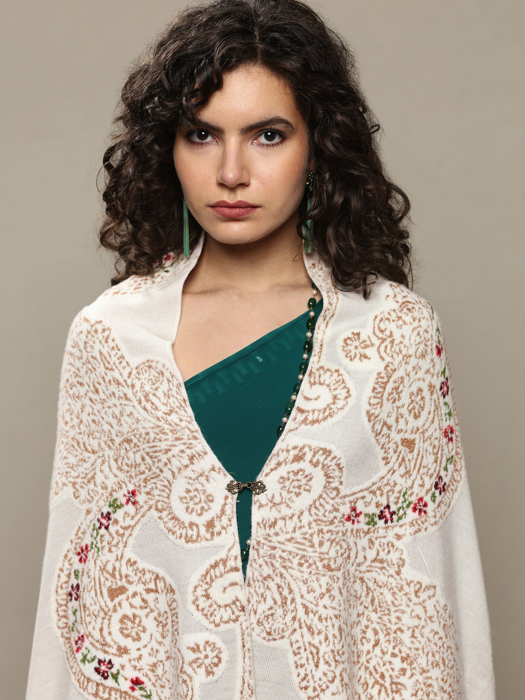  White Woven Design Wool Women's Shawl 