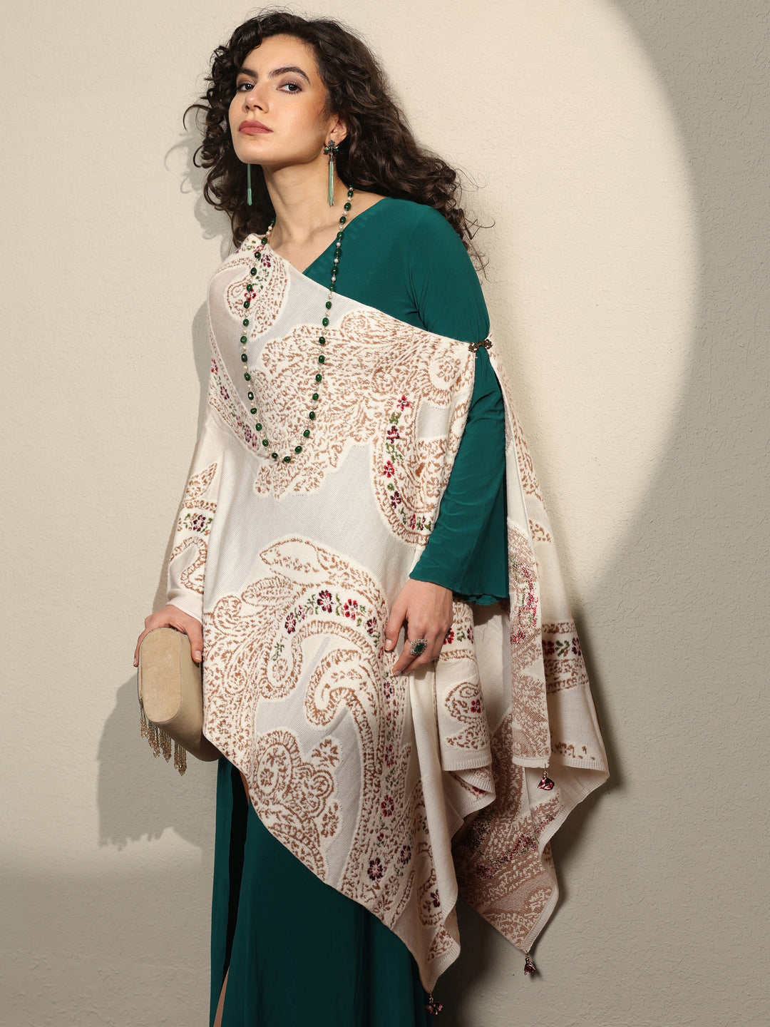  White Woven Design Wool Women's Shawl 