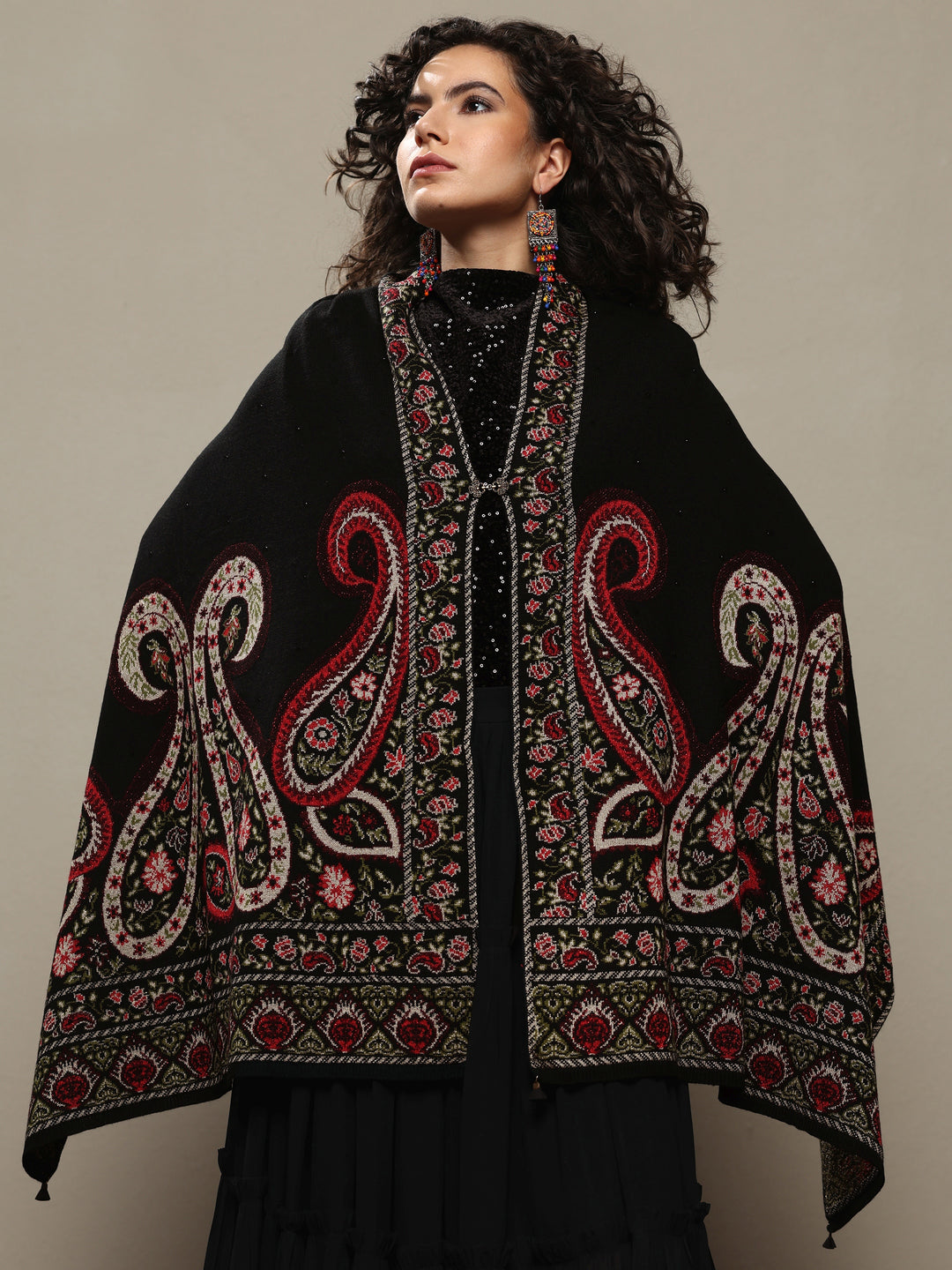  Black Woven Design Wool Wrap Shawl 