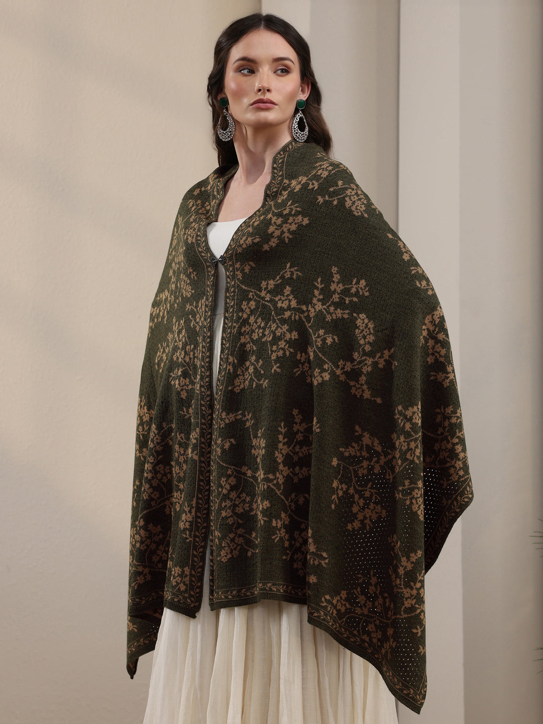  Libas Dark Green Floral Mesh Knitted Acrylic Wrap Shawl 