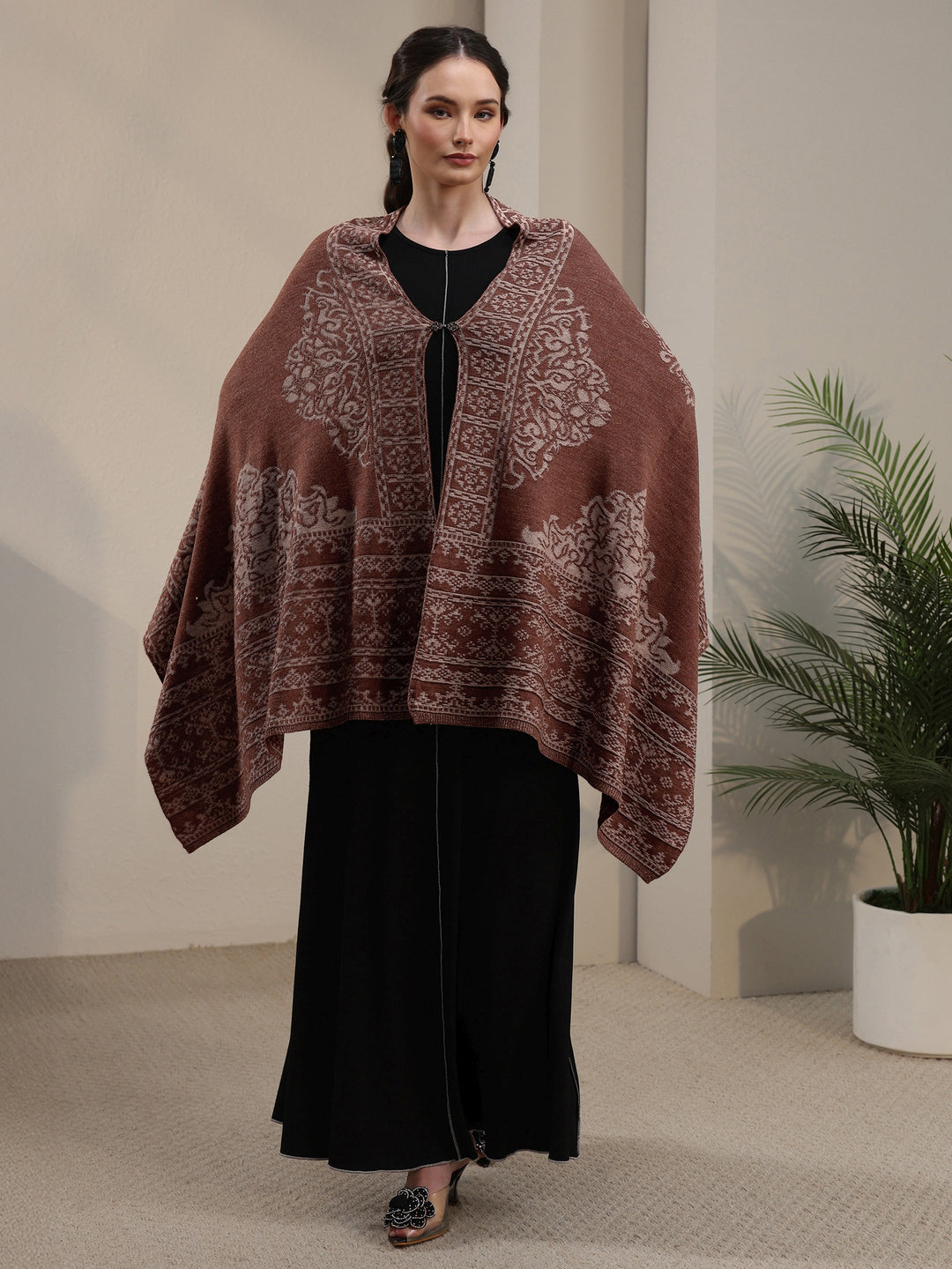  Libas Rust Brown Ethnic Embroidered Acrylic Wrap Shawl 