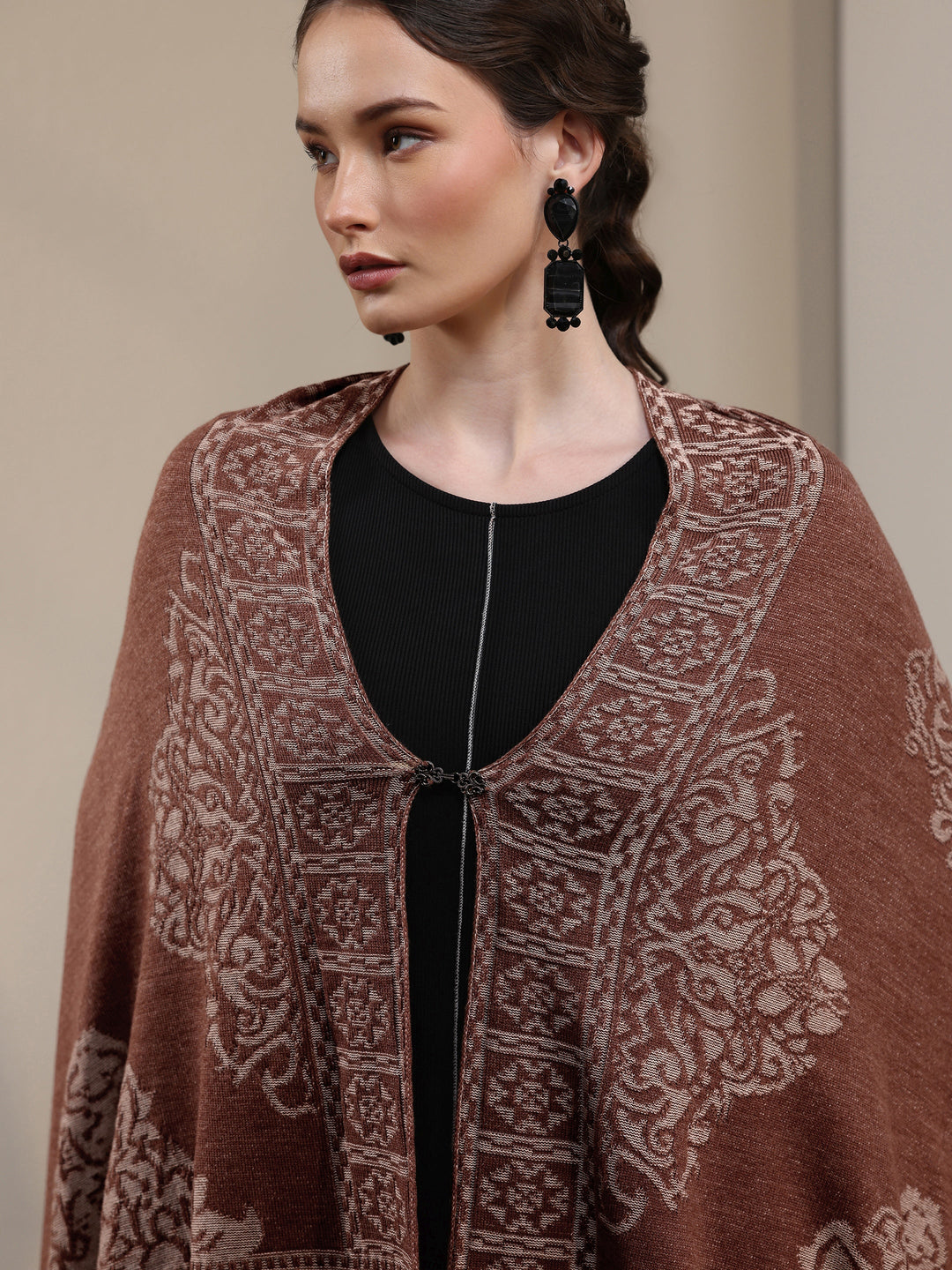  Libas Rust Brown Ethnic Embroidered Acrylic Wrap Shawl 