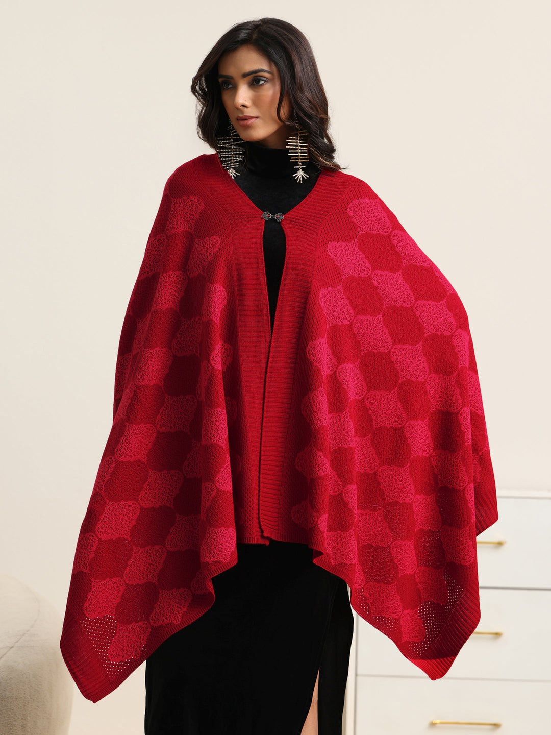  Libas Red Geometric Knitted Acrylic Wrap Shawl 