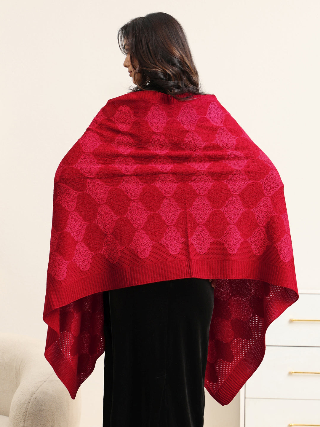  Libas Red Geometric Knitted Acrylic Wrap Shawl 