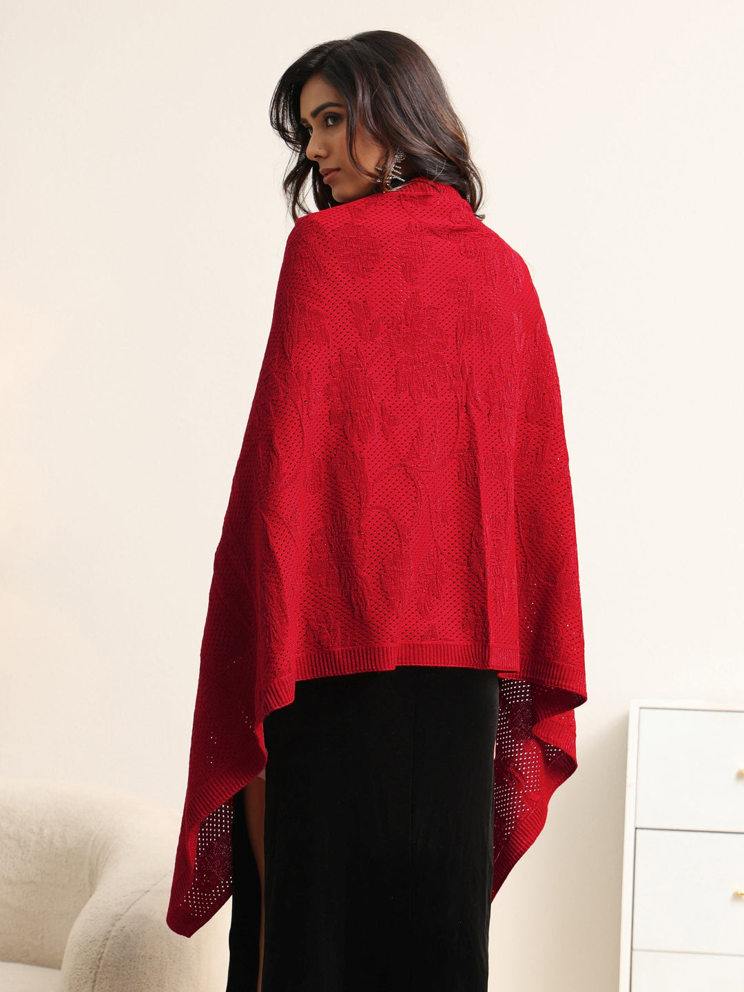  Libas Red Floral Knitted Acrylic Wrap Shawl 