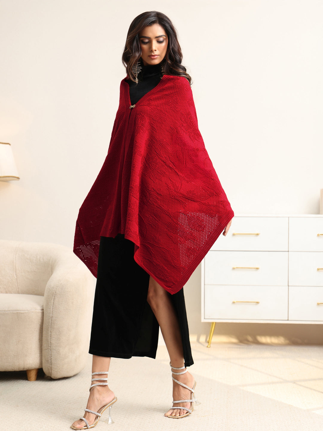  Libas Red Floral Knitted Acrylic Wrap Shawl 