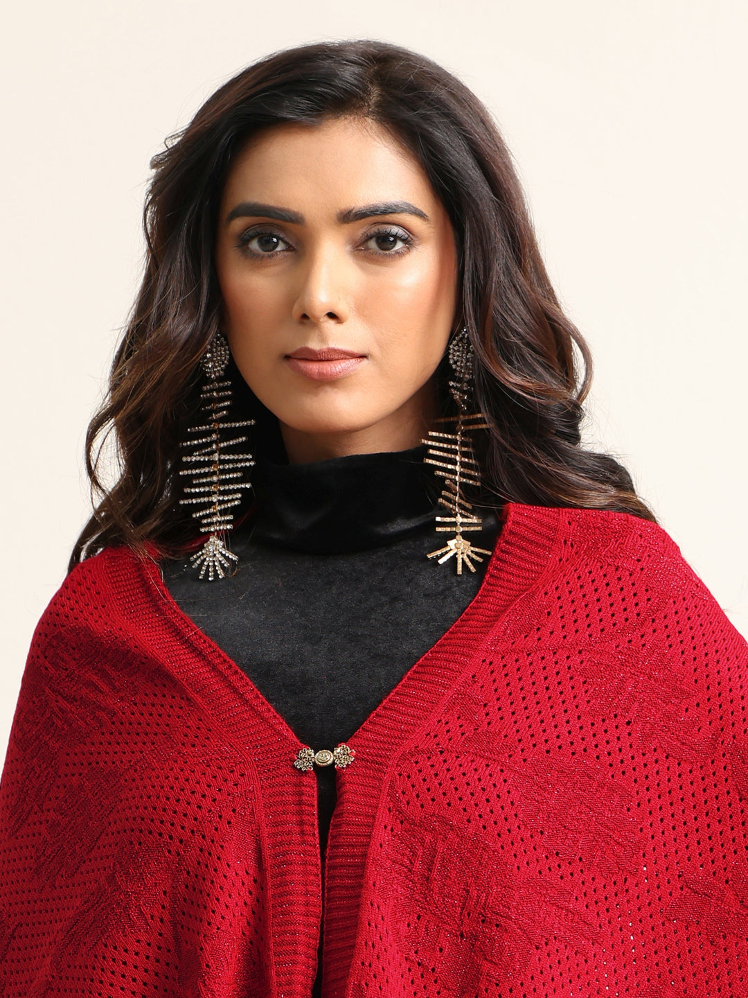  Libas Red Floral Knitted Acrylic Wrap Shawl 