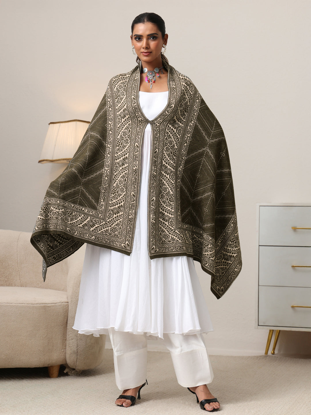  Libas Muted Moss Green Knitted Acrylic Wrap Shawl 