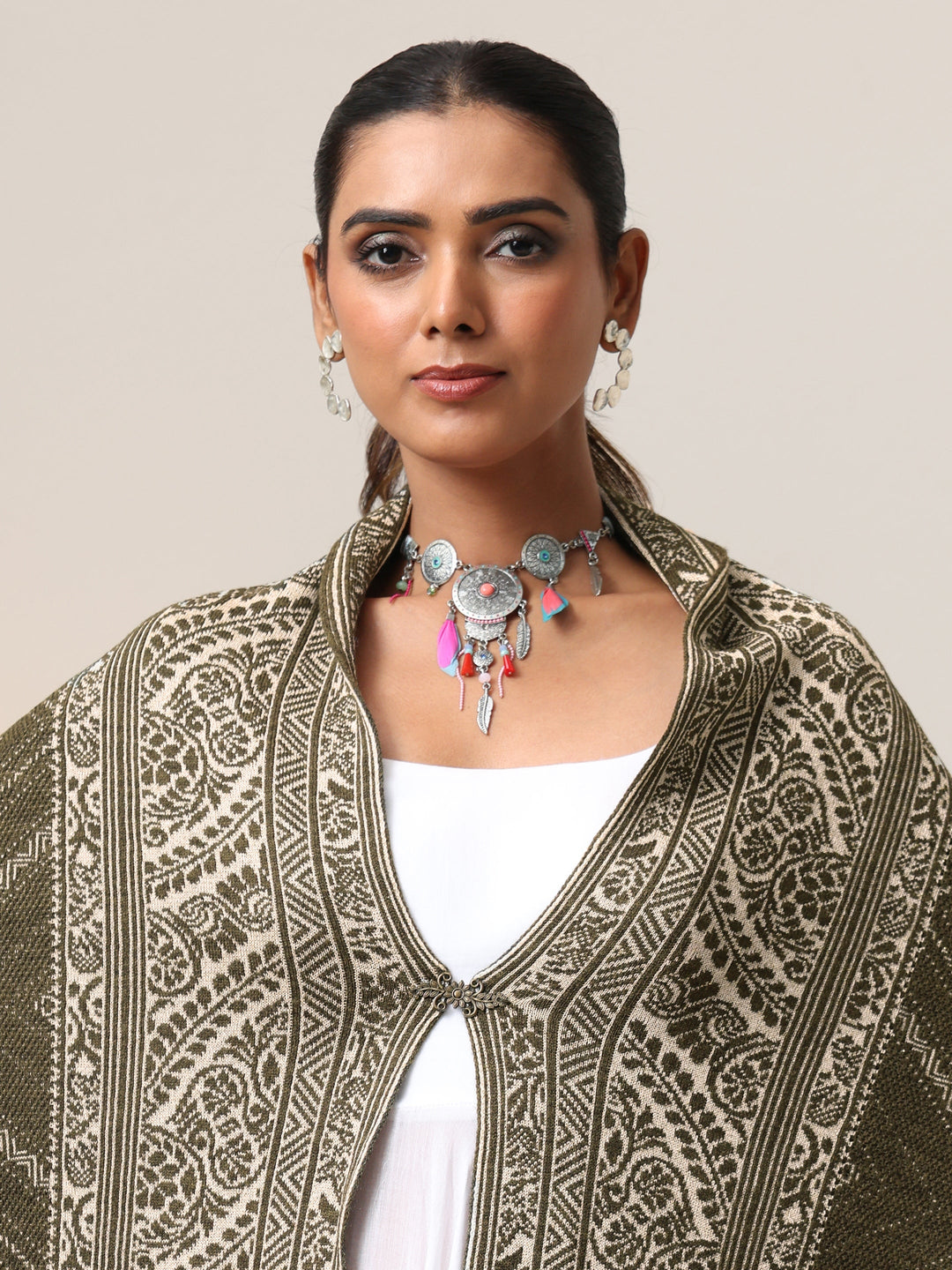  Libas Muted Moss Green Knitted Acrylic Wrap Shawl 