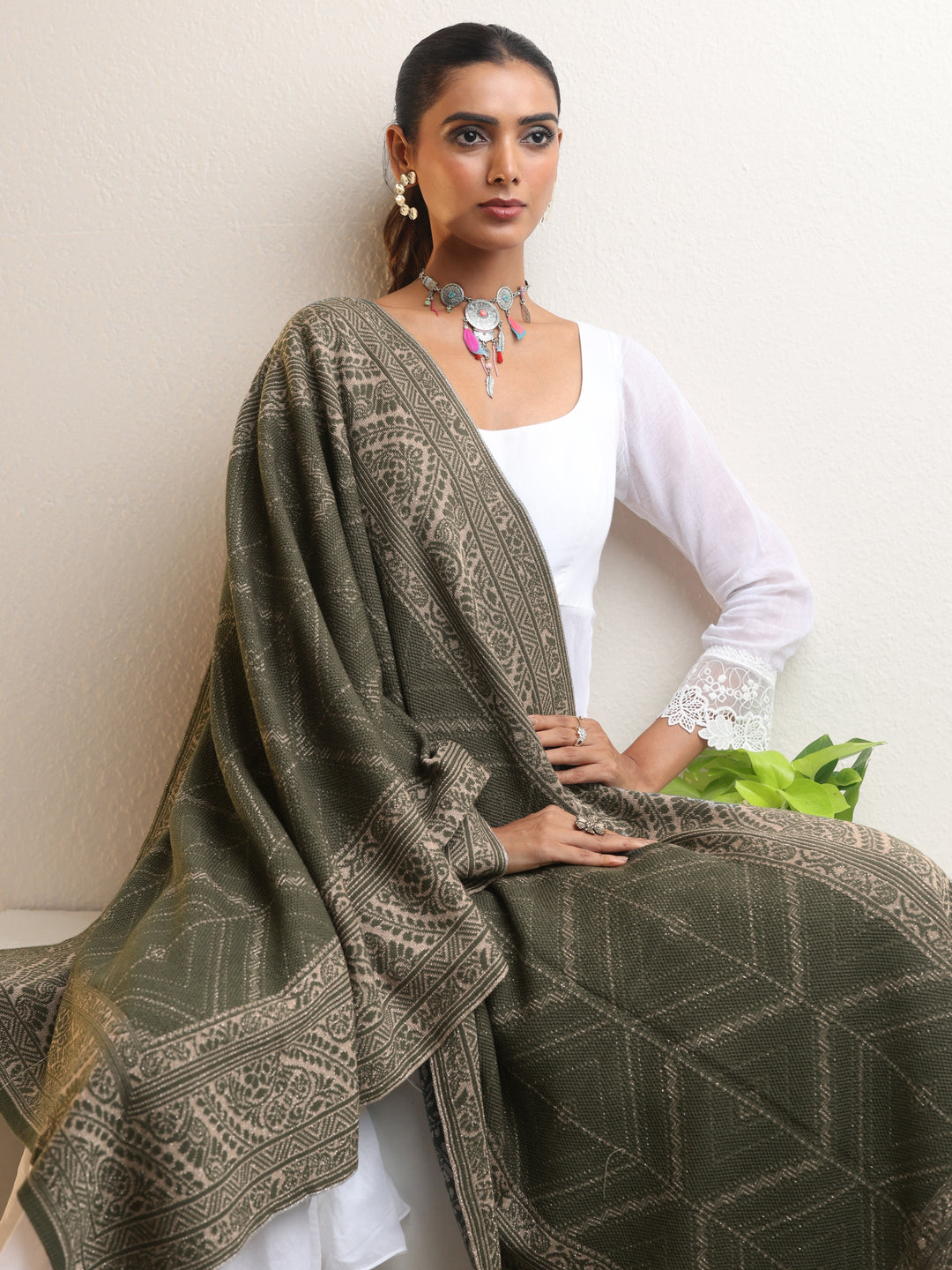  Libas Muted Moss Green Knitted Acrylic Wrap Shawl 