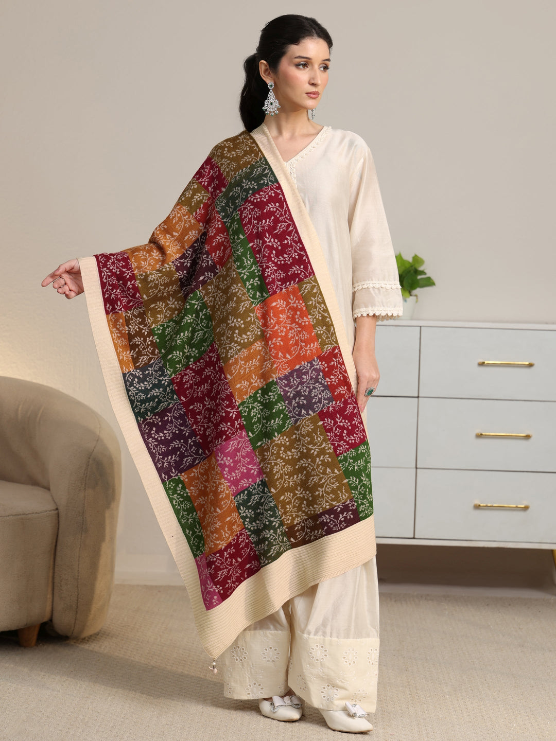  Libas Multi color floral Knitted Acrylic shawl 