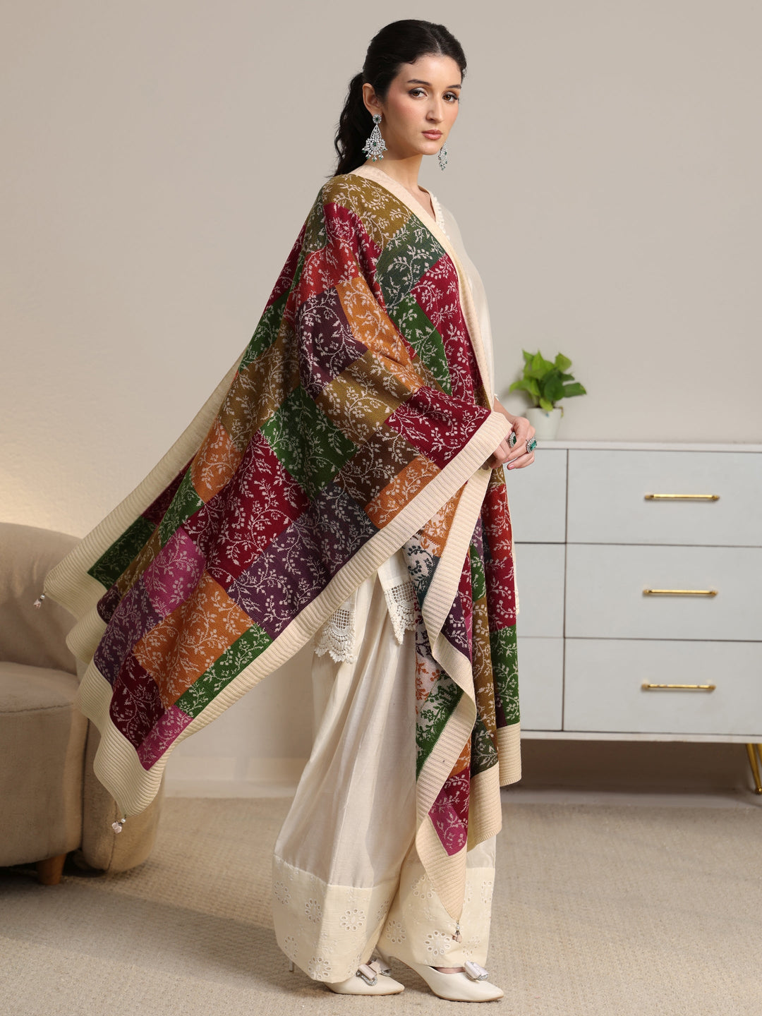  Libas Multi color floral Knitted Acrylic shawl 