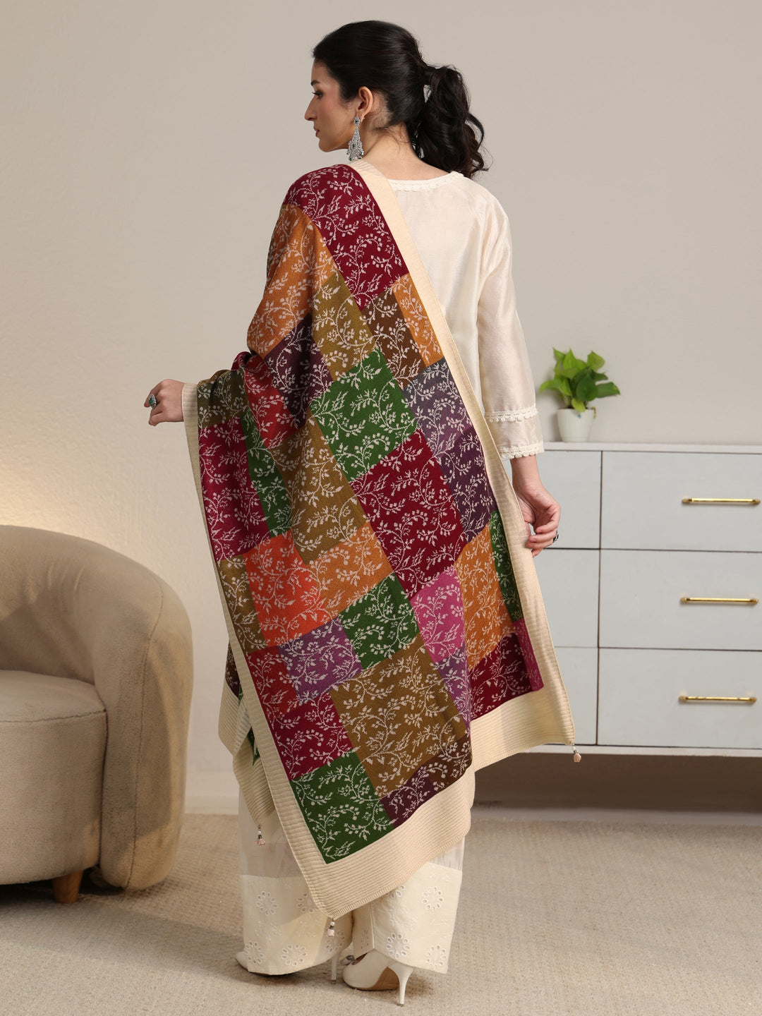  Libas Multi color floral Knitted Acrylic shawl 