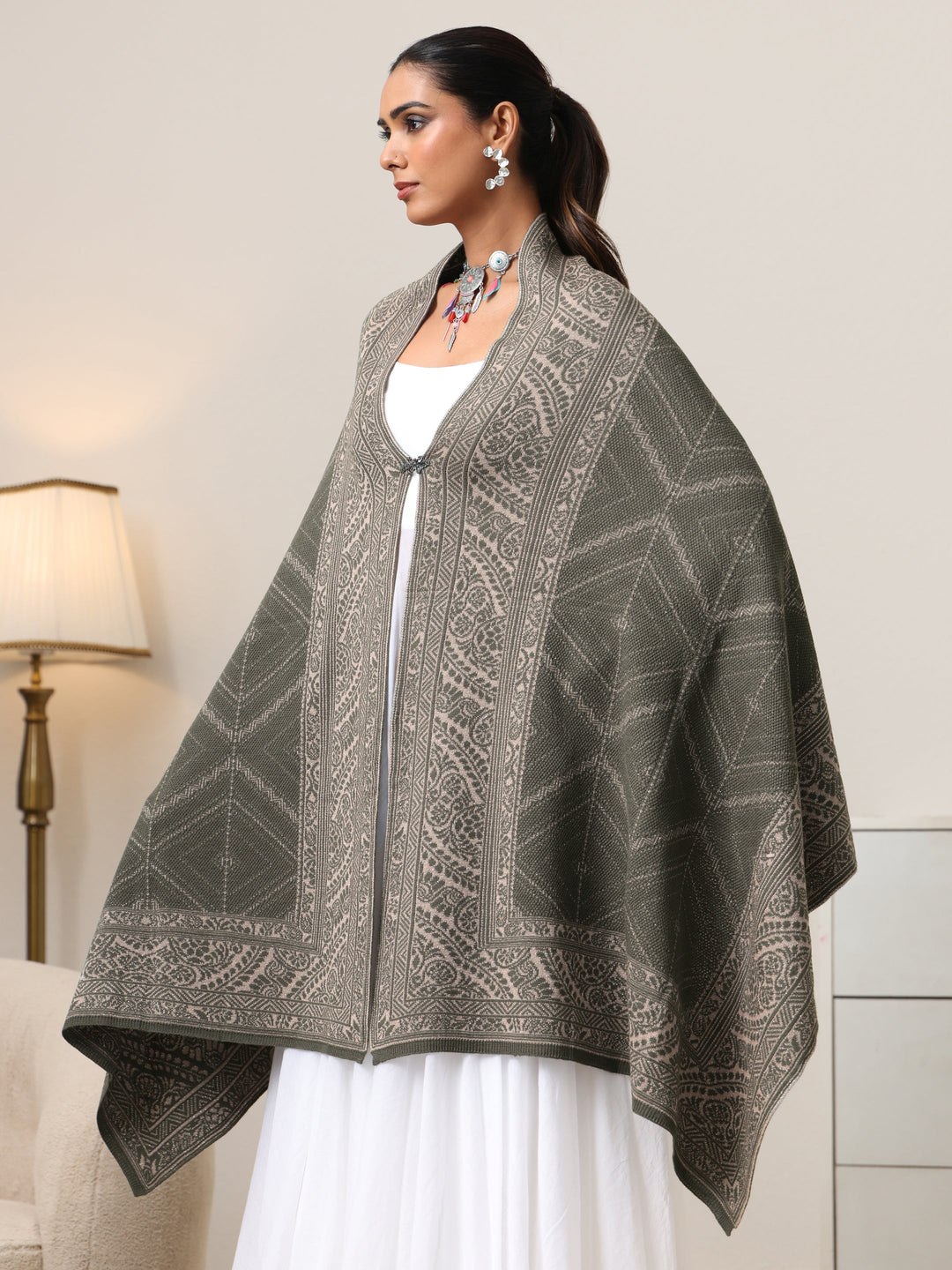  Libas Muted Moss Green Knitted Acrylic Wrap Shawl 