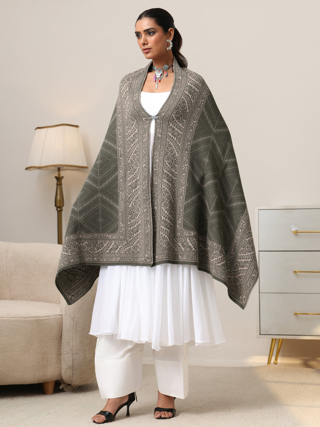  Libas Muted Moss Green Knitted Acrylic Wrap Shawl 