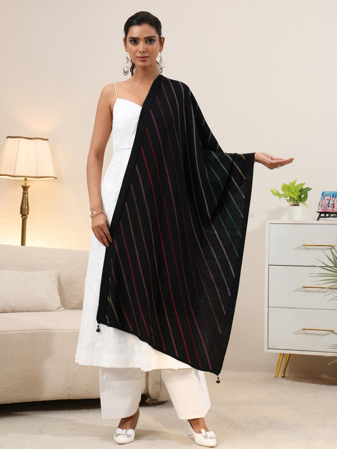  Libas Black Striped Knitted Acrylic Shawl 