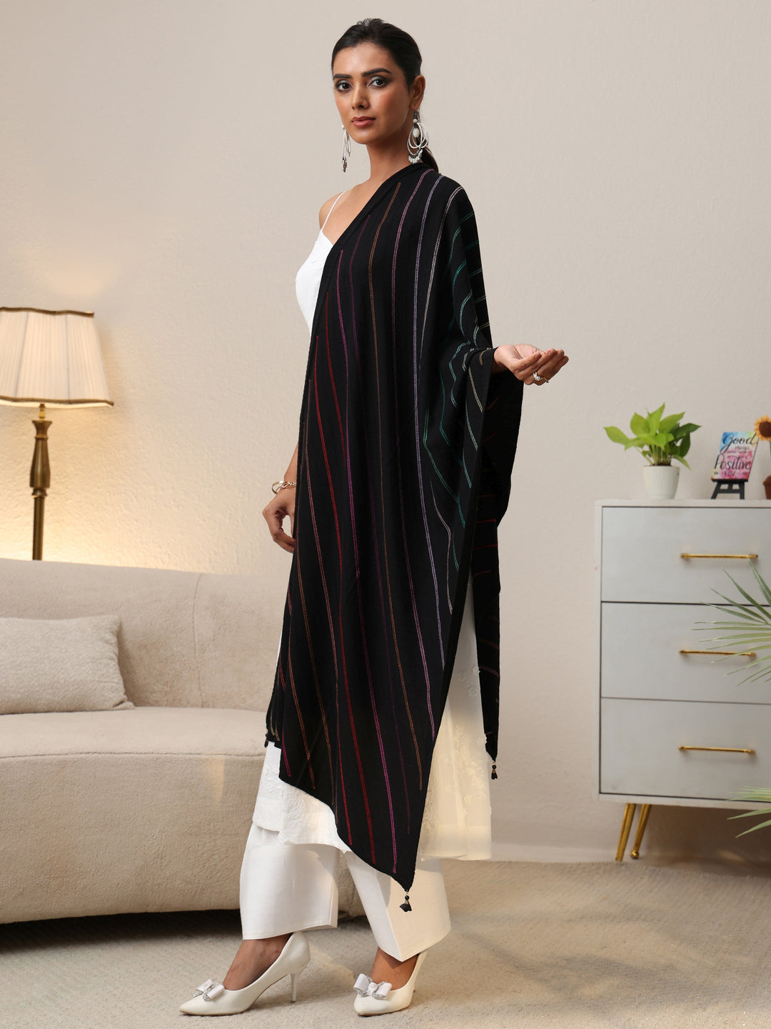  Libas Black Striped Knitted Acrylic Shawl 