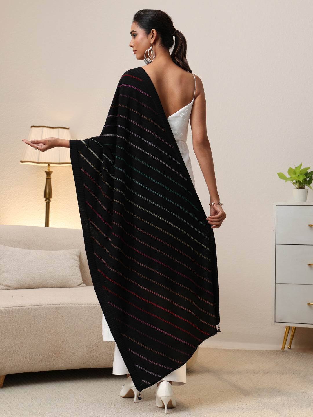  Libas Black Striped Knitted Acrylic Shawl 
