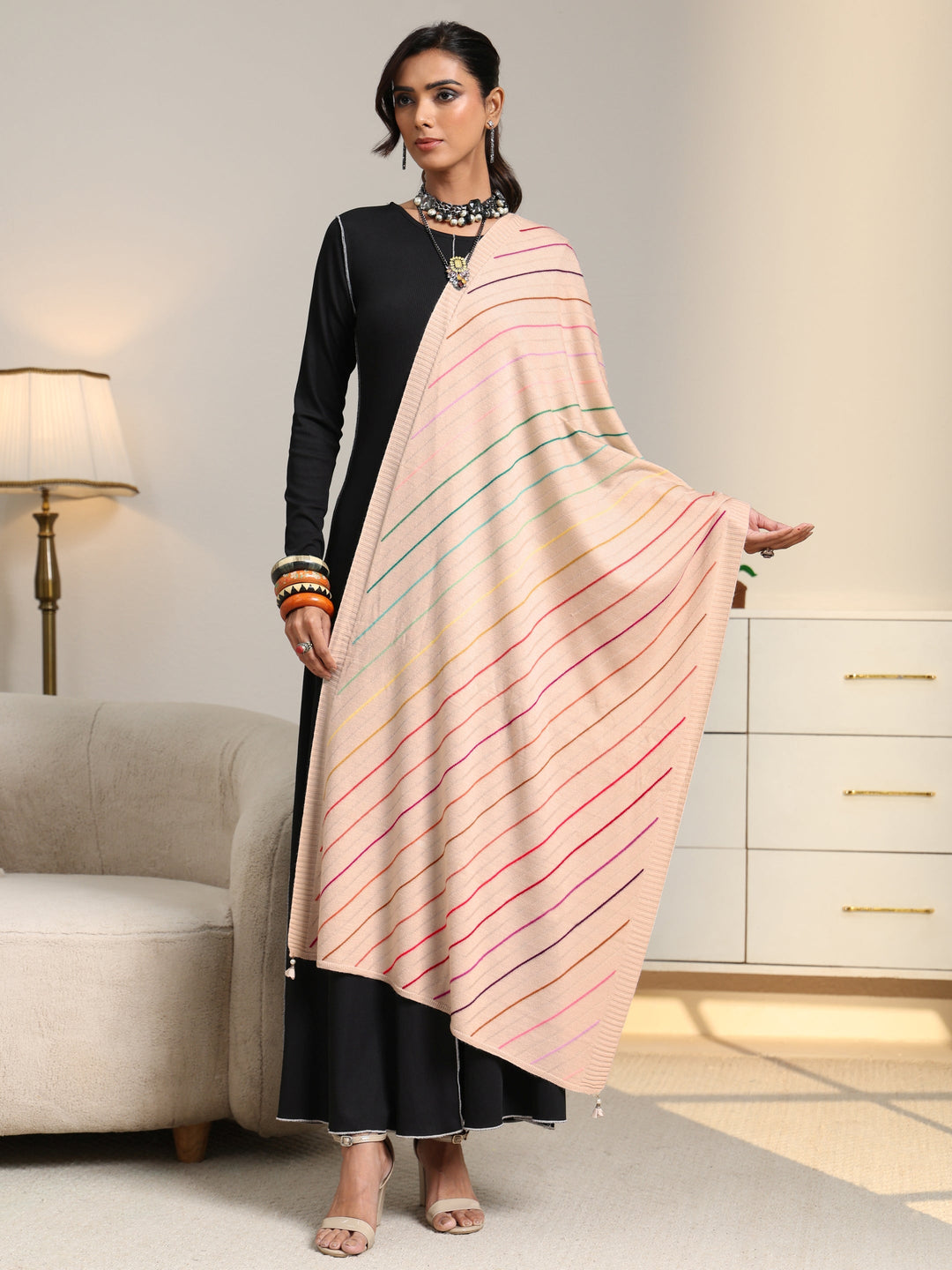  Libas Beige Striped Knitted Acrylic Shawl 