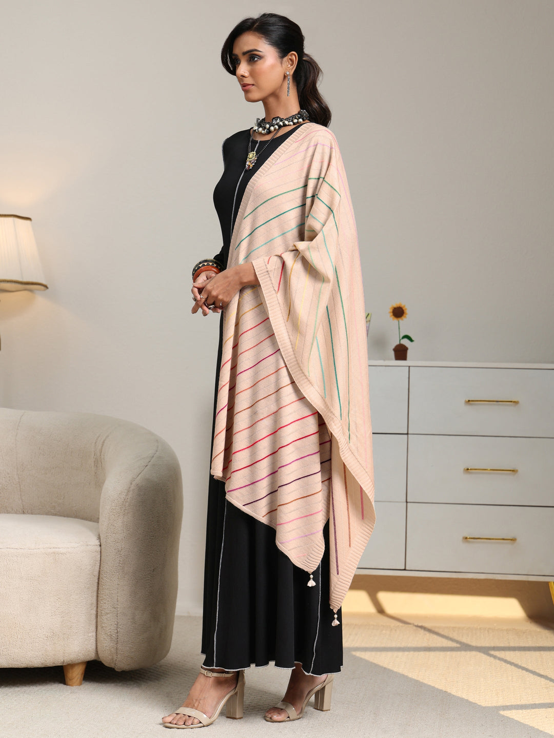  Libas Beige Striped Knitted Acrylic Shawl 