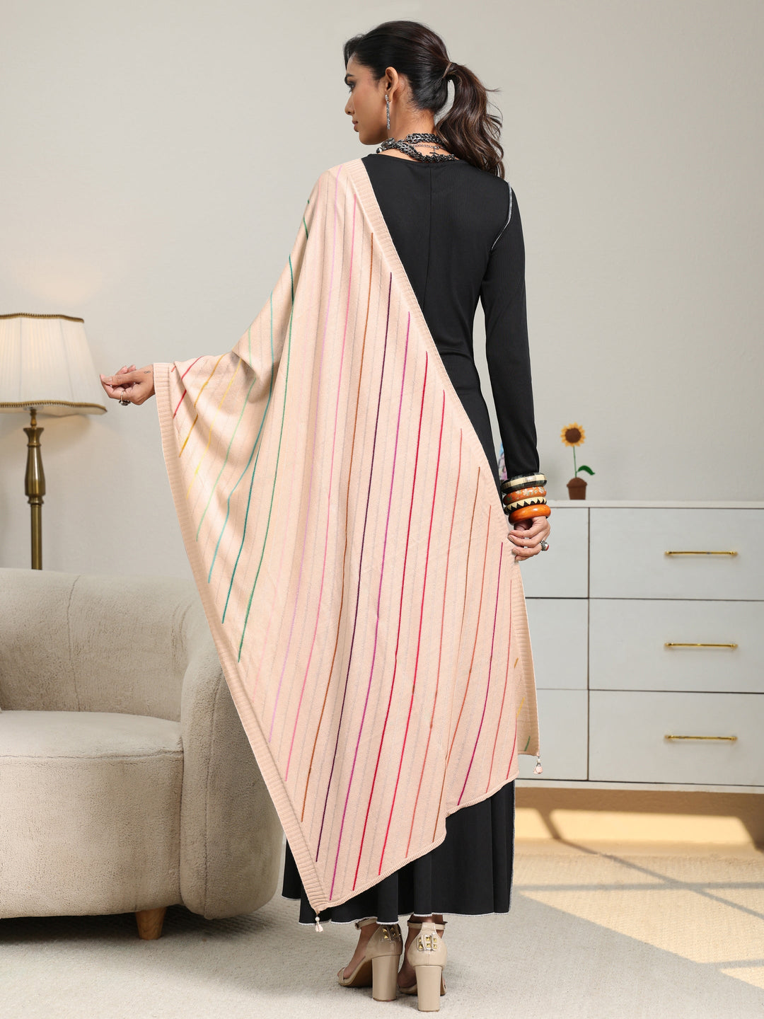  Libas Beige Striped Knitted Acrylic Shawl 