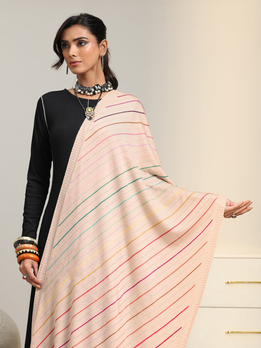  Libas Beige Striped Knitted Acrylic Shawl 