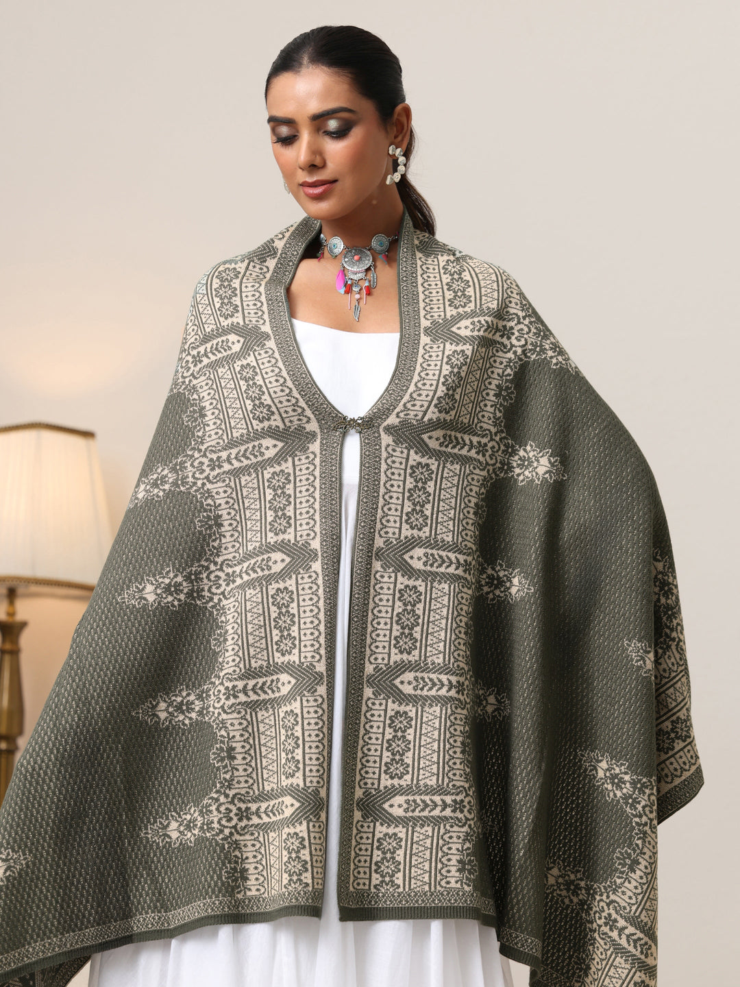  Libas Muted Moss Green Knitted Acrylic Wrap Shawl 
