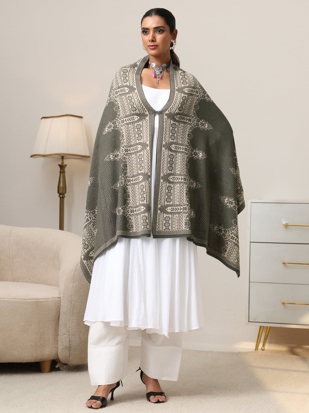  Libas Muted Moss Green Knitted Acrylic Wrap Shawl 