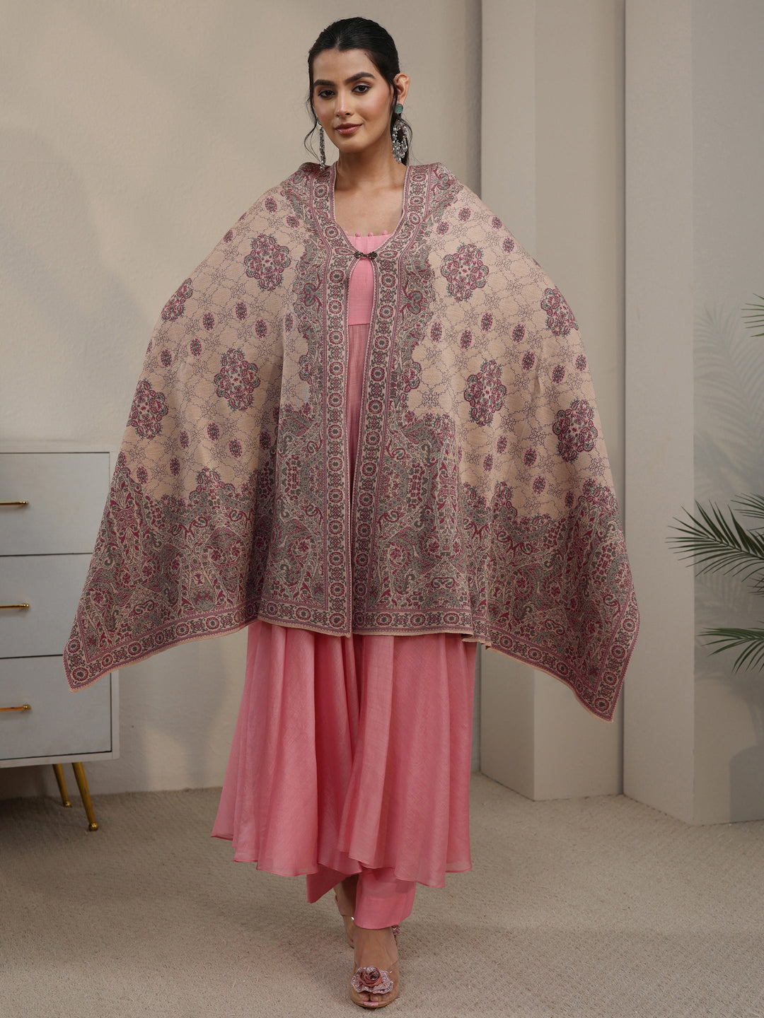  Libas Beige Ethnic Embroidered Acrylic Wrap Shawl 