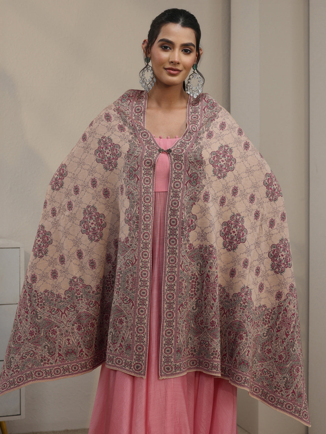  Libas Beige Ethnic Embroidered Acrylic Wrap Shawl 