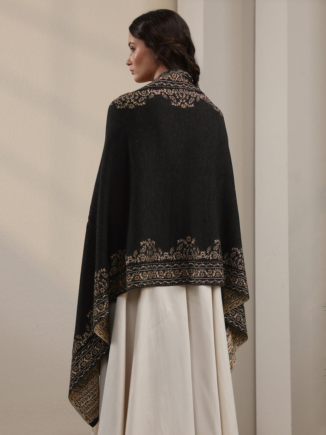  Libas Black Floral Embroidered Acrylic Wrap Shawl 