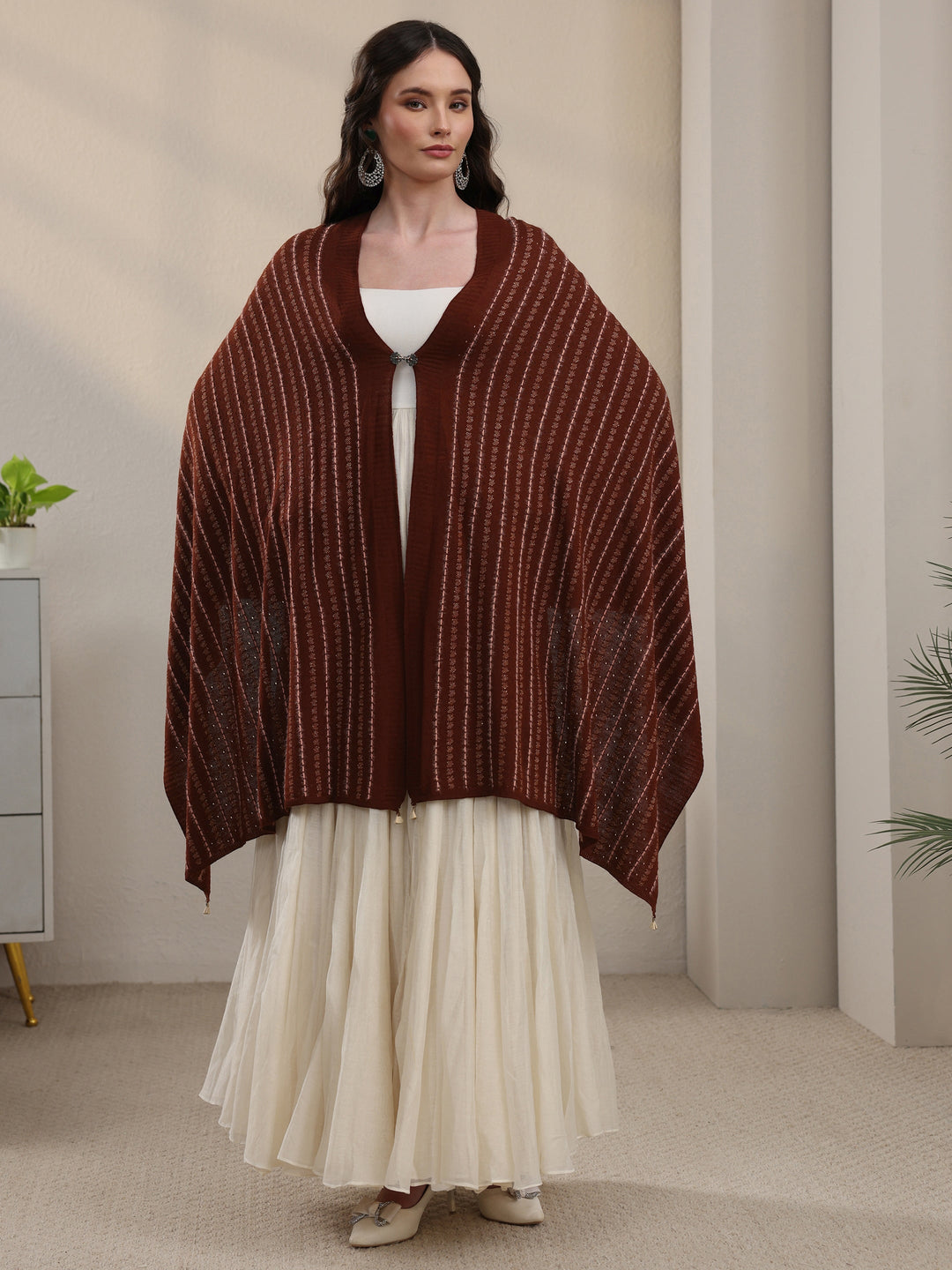  Libas Rust Brown Striped Embroidered Acrylic Wrap Shawl 