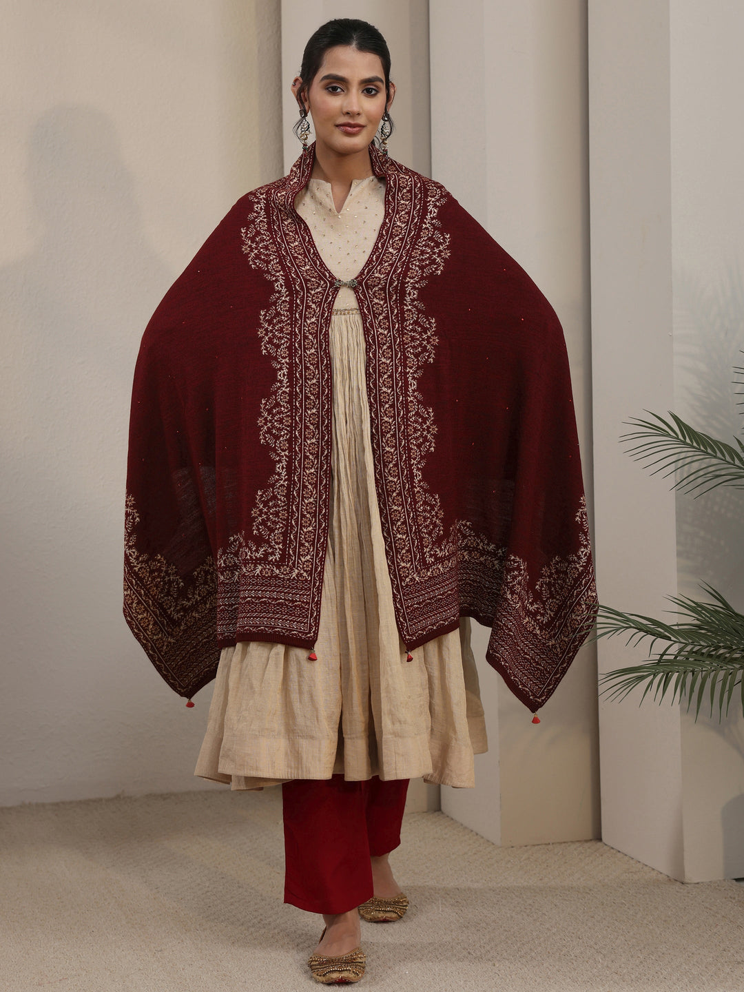  Libas Maroon Floral Embroidered Acrylic Wrap Shawl 