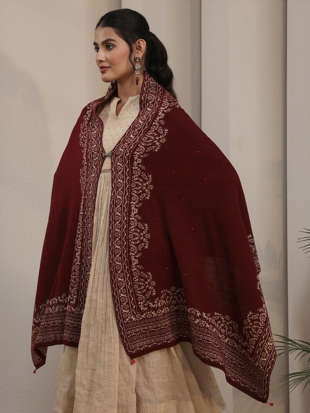  Libas Maroon Floral Embroidered Acrylic Wrap Shawl 