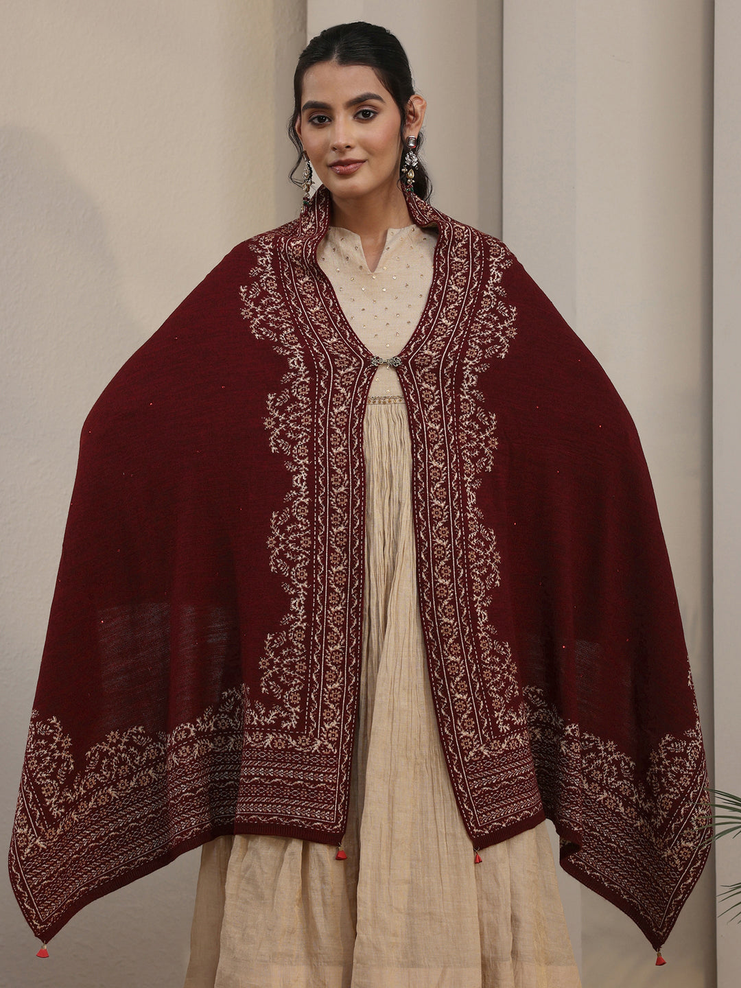  Libas Maroon Floral Embroidered Acrylic Wrap Shawl 