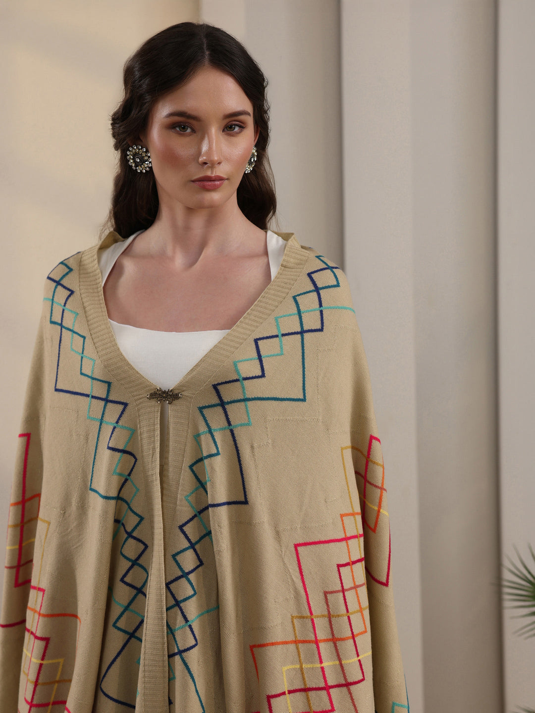  Libas Beige Geometric Embroidered Acrylic Wrap Shawl 