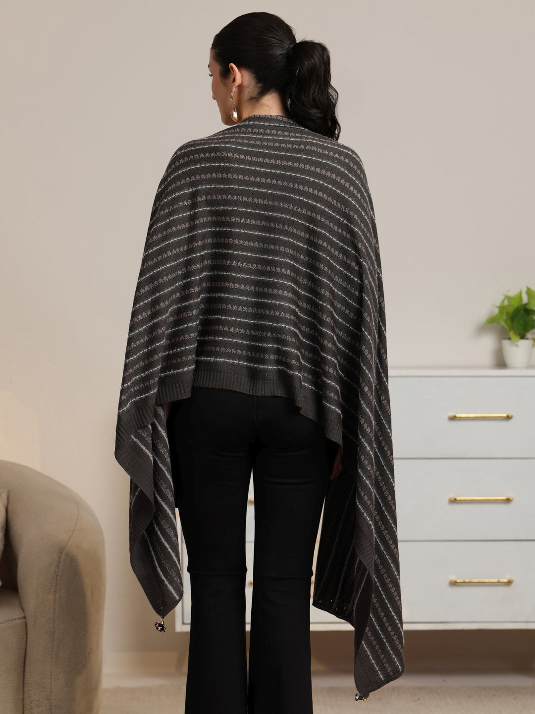  Libas Grey Striped Knitted Acrylic Wrap Shawl 