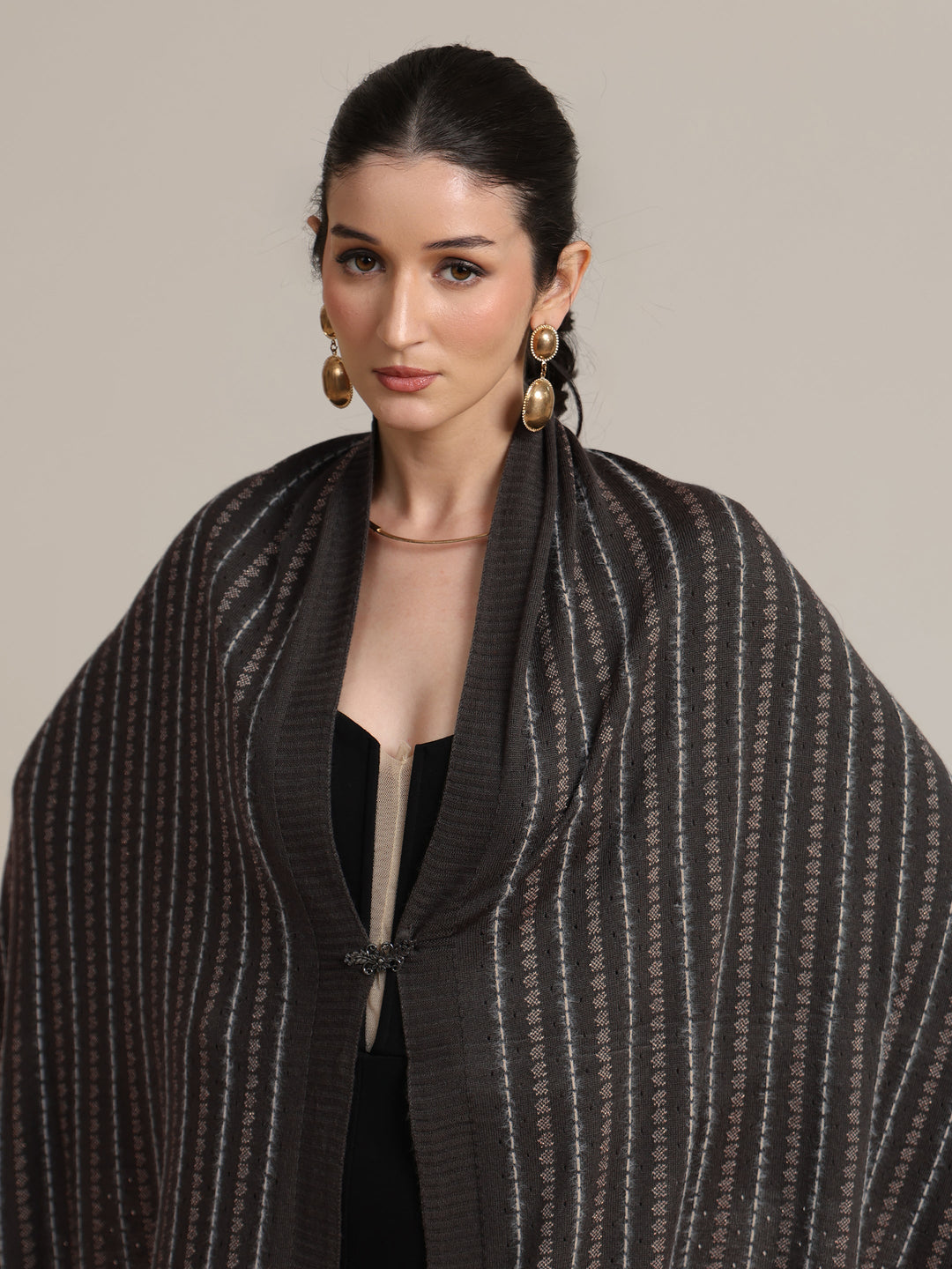  Libas Grey Striped Knitted Acrylic Wrap Shawl 