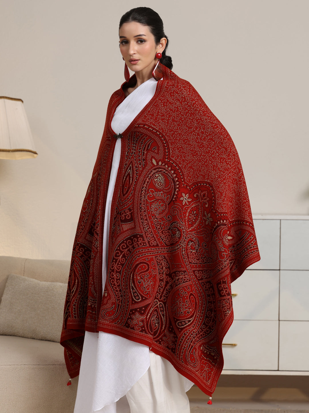  Libas Red Ethnic Knitted Acrylic Wrap Shawl 