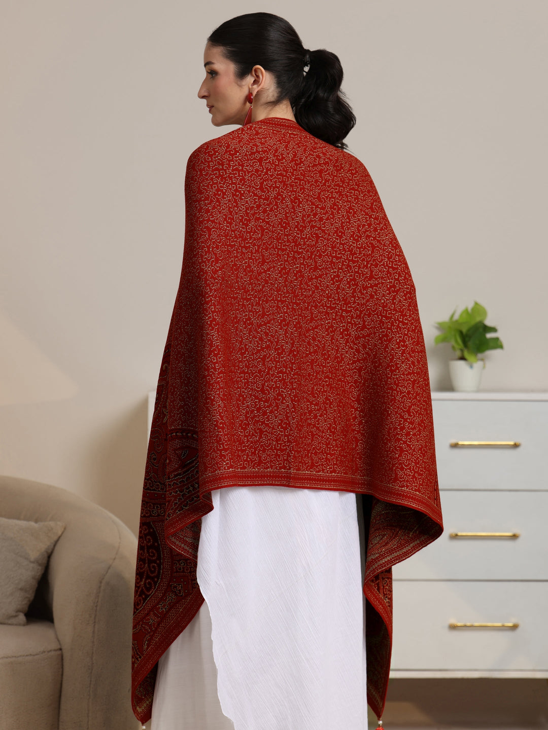  Libas Red Ethnic Knitted Acrylic Wrap Shawl 