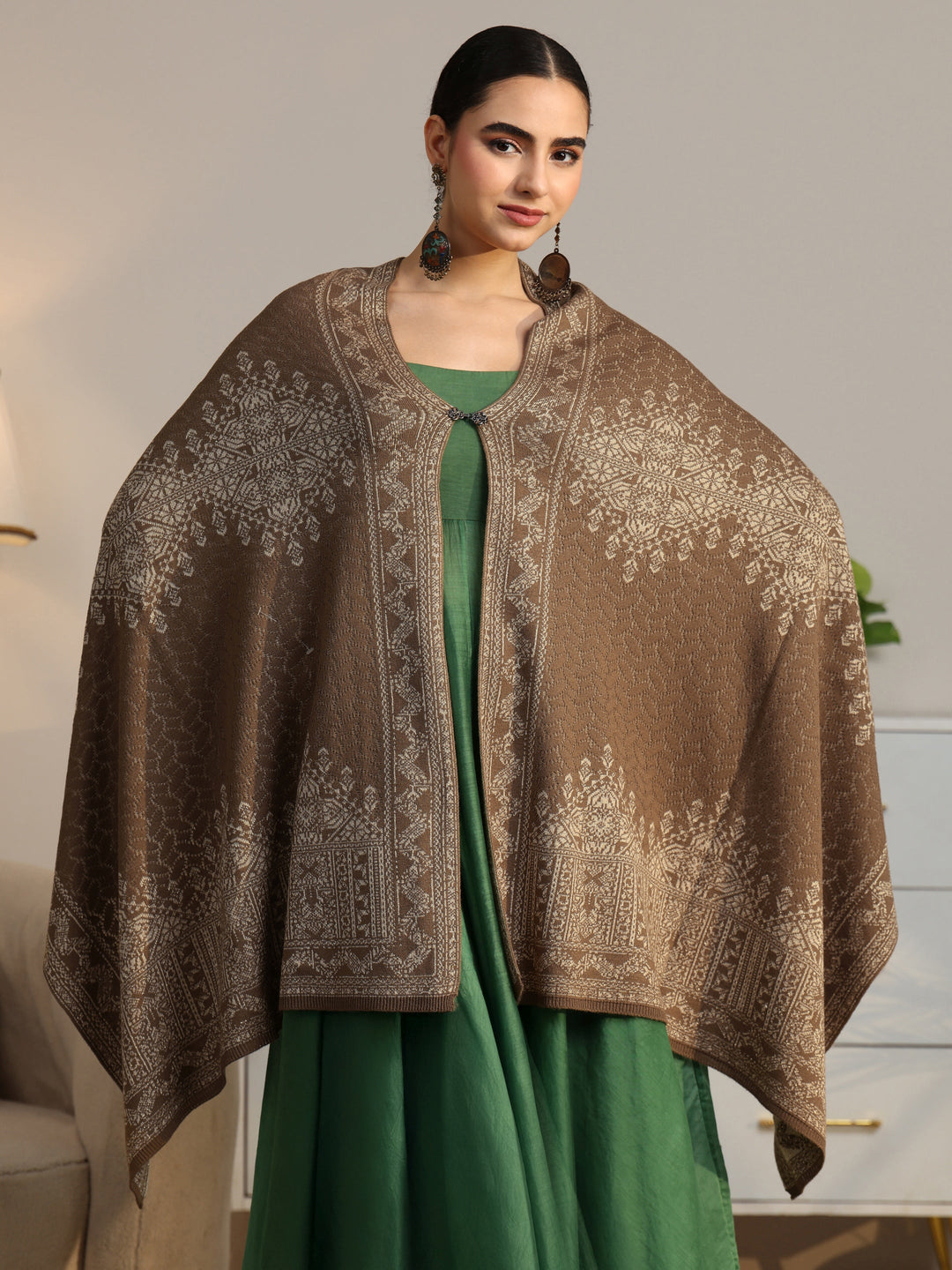  Libas Beige Ethnic Knitted Acrylic Wrap Shawl 