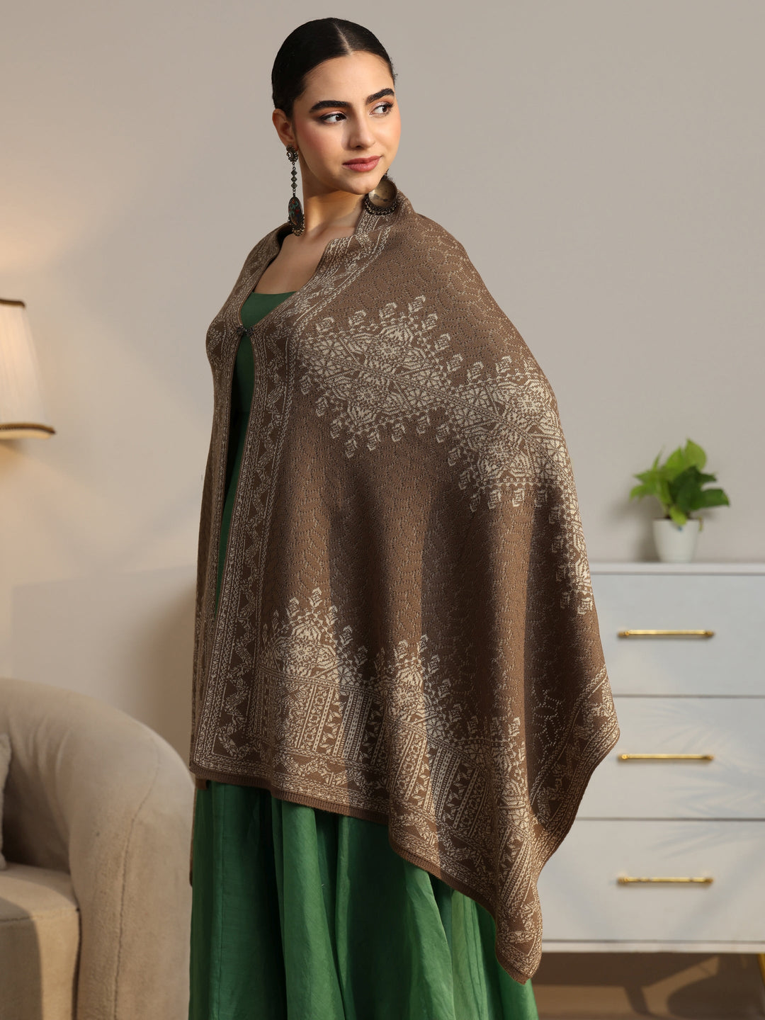  Libas Beige Ethnic Knitted Acrylic Wrap Shawl 