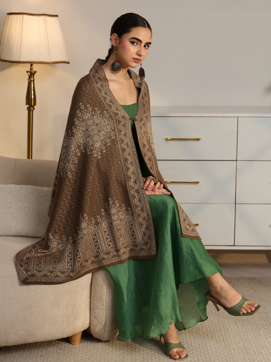  Libas Beige Ethnic Knitted Acrylic Wrap Shawl 