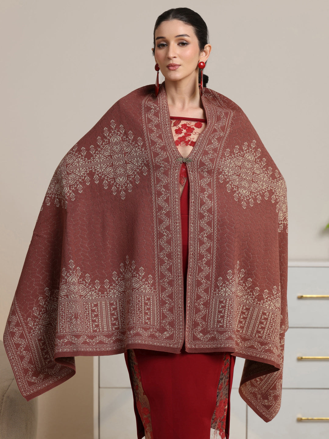  Libas Dusty Pink Ethnic Knitted Acrylic Wrap Shawl 