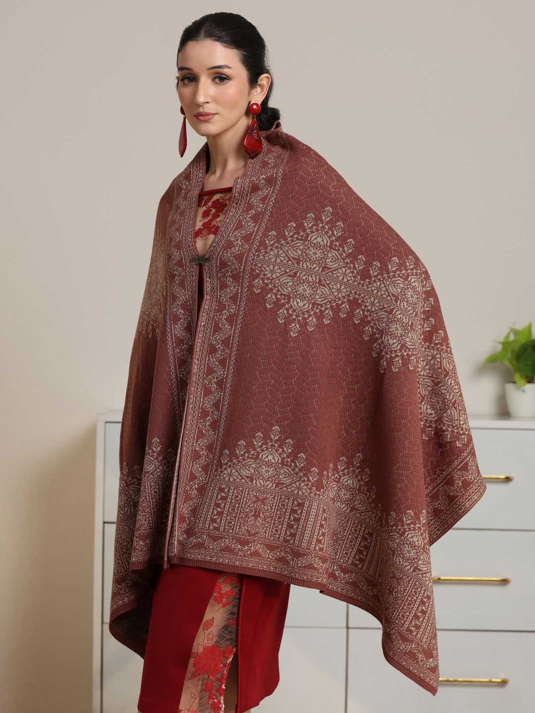  Libas Dusty Pink Ethnic Knitted Acrylic Wrap Shawl 